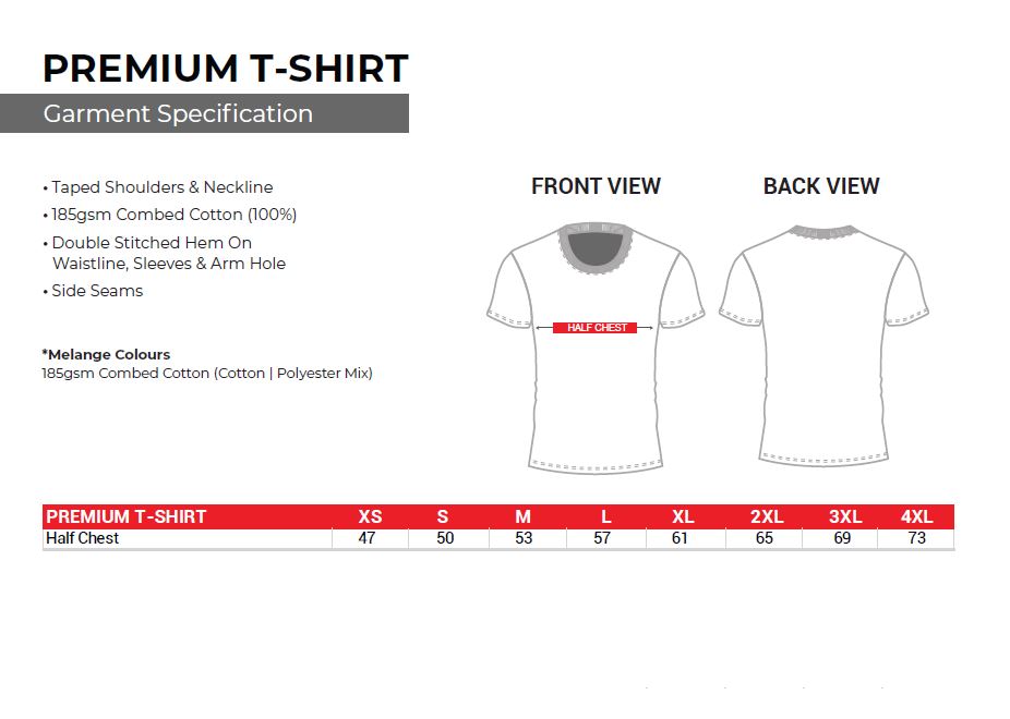 premium t shirt sizeguide